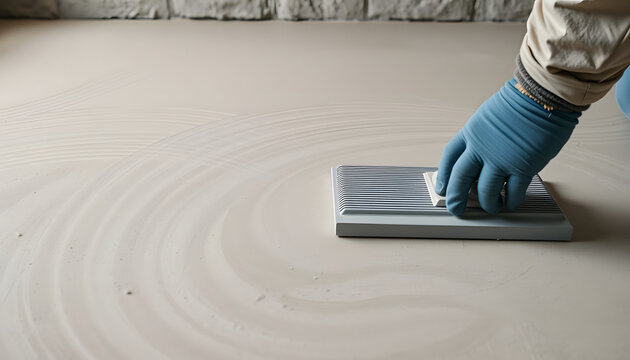 Smooth cement screed layer for flooring, textured with ribbed trowel marks, a close-up of fresh concrete leveling surface., craft clay. isolated with white highlights