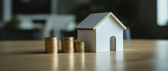 Wooden house model with stacks of coins, symbolizing real estate investment, savings, and financial planning
