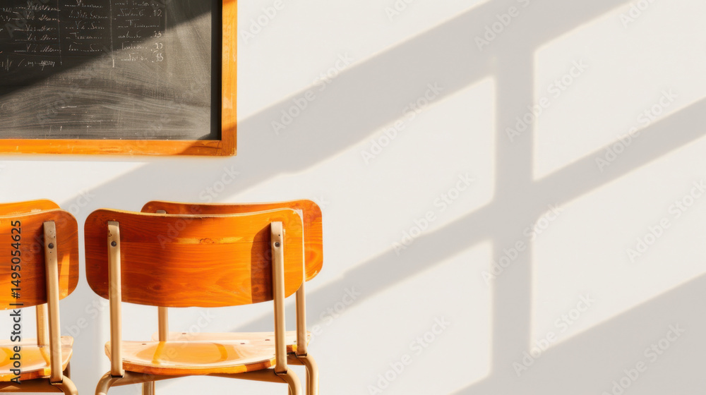 Poster empty wooden chairs in a classroom with a chalkboard and shadows cast by sunlight, creating a serene
