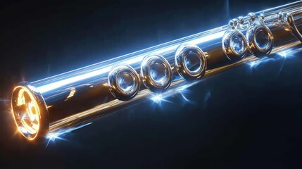 Naklejka premium Close-up of a polished silver flute, glowing light