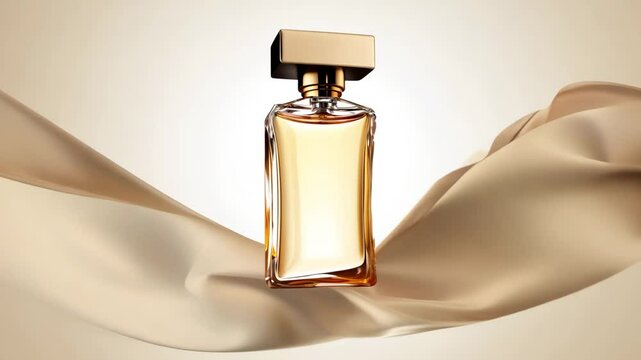 Luxurious perfume bottle on silky fabric background, elegant presentation of fragrance product for beauty and cosmetic advertising concept