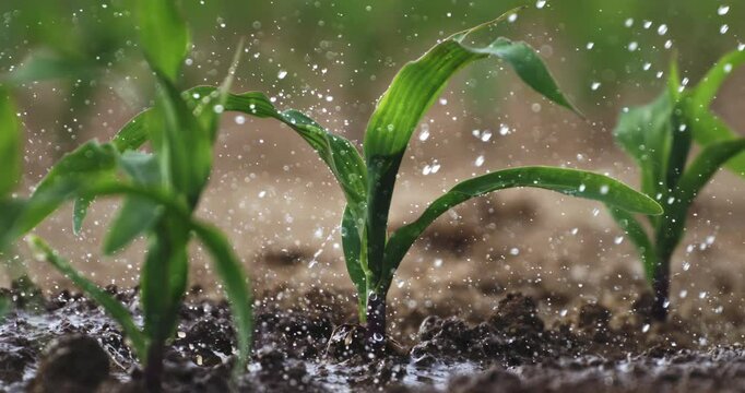 Super Slow Motion Close-Up of Corn Seedling Sprinkled with Water. Young Green Plant Growing in Soil While Getting Hydrated in Sunlight, Concept of Farming, Growth, Nature, and Sustainable Agriculture.