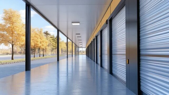 Storage Unit Corridor: A long, modern corridor featuring a row of storage units with closed roller doors under a covered walkway. Trees are lining the street in the background. 