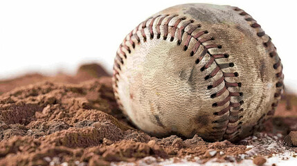 Worn Baseball Resting on Brown Dirt Surface with Textured Patterns and Dusty Appearance for Sports and Recreation Themes