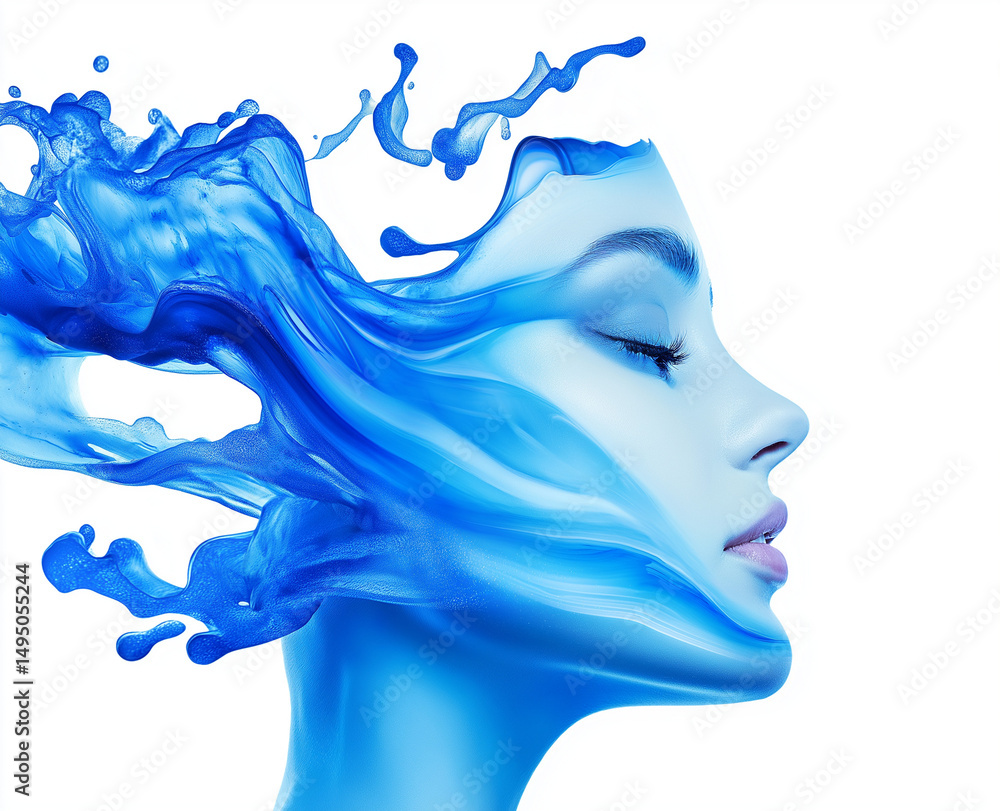 Poster blue ink drop and jellyfish-like fluid splash isolated on white background isometric view of paint c