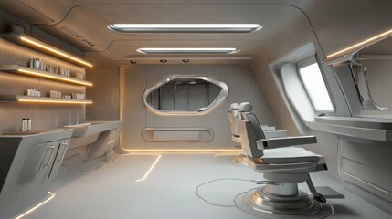 Fototapeta premium Futuristic, minimalist barber shop interior