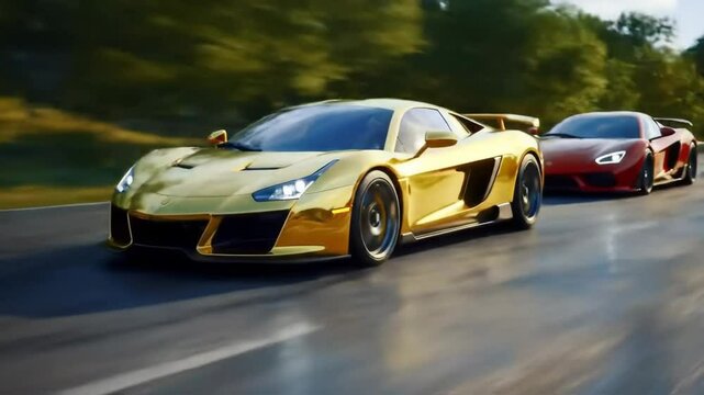 Golden supercar races against a sleek rival on a winding road under a vibrant sky