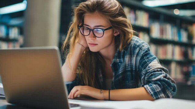 Focused Study in Library: A studious young woman with glasses intensely engrossed in her work on a laptop, surrounded by shelves of books in a library.