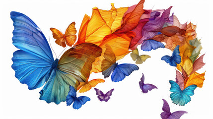 Butterflies in Flight with Vibrant Leaves Creating a Stunning Natural Scene Against a White Background