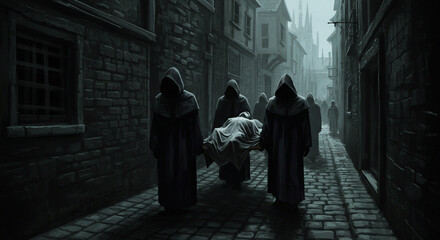 Dark Procession: A somber scene unfolds within a narrow, ancient alleyway, where figures cloaked in shadow move as a group, carrying a shrouded form amidst a gothic, atmospheric landscape. 
