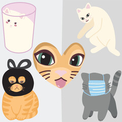 Obraz premium Set of funny cat in glass, sleeping cat, thief cat, paper cat, and mask wearing cat meme illustration
