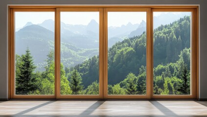 Mountain vista through large wooden windows