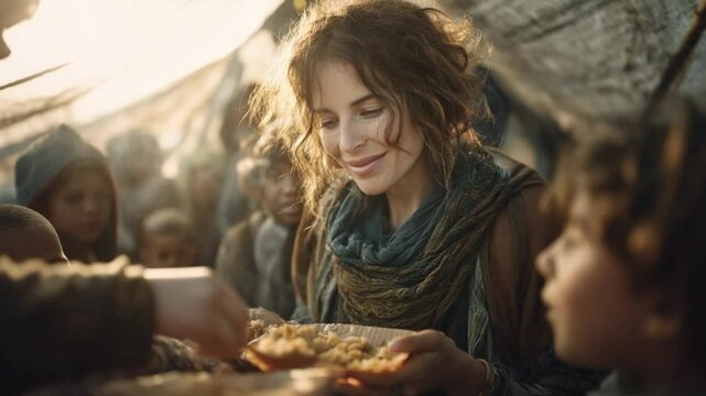 Empathy in Shared Meal: A kind woman, surrounded by a crowd, offers food and compassion during a difficult time, captured in a moving photo of selfless service.