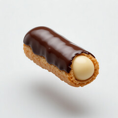  Glossy chocolate éclair with smooth dark chocolate glaze, filled with creamy vanilla custard