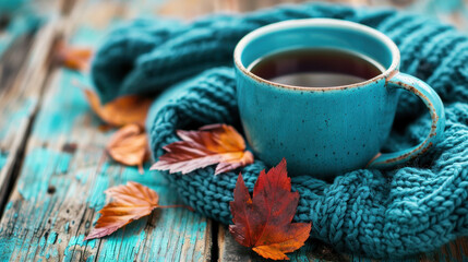 Cozy Autumn Scene with Coffee Mug Wrapped in Knitted Scarf and Colorful Leaves on Rustic Wooden Surface