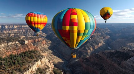 Obraz premium Colorful hot air balloons soaring above a stunning canyon landscape, showcasing vibrant patterns and textures against a clear blue sky, capturing the essence of adventure and freedom