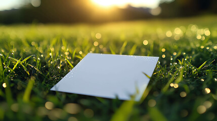Blank White Paper Sheet Resting on Green Grass with Natural Outdoor Background