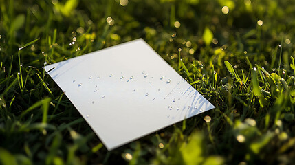 Blank White Paper Sheet Resting on Green Grass with Natural Outdoor Background