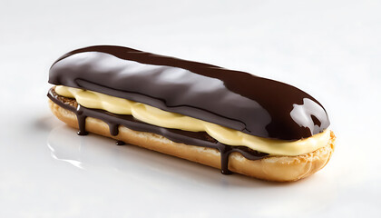  Glossy chocolate éclair with smooth dark chocolate glaze, filled with creamy vanilla custard