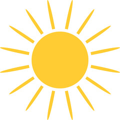 Vibrant yellow sun graphic with radiating rays. Represents warmth, summer, energy, and positivity. Ideal for weather forecasts, vacation promotions, or kids designs.