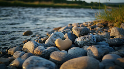 Obraz premium A collection of heart-shaped rocks by a riverbank