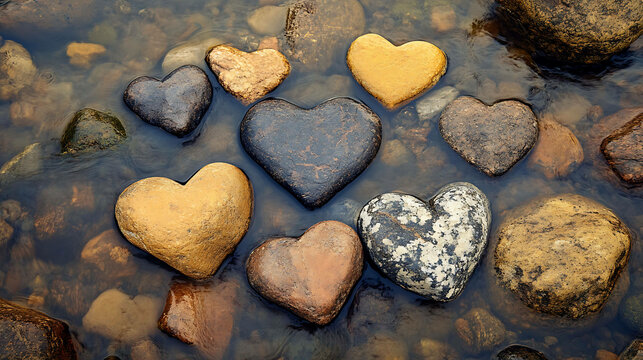 A collection of heart-shaped rocks by a riverbank