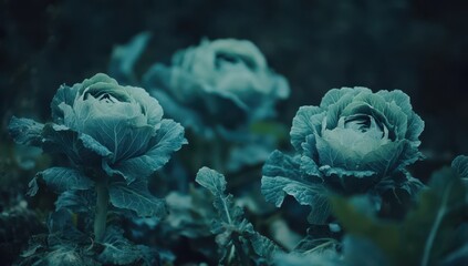 Teal cabbage blossoms in soft focus, garden setting