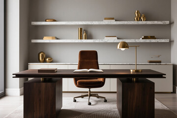 Obraz premium High-end home office with dark wood desk, velvet reading chair, designer lighting, and elegant modern decor – perfect for luxury lifestyle, productivity, and stylish interiors.