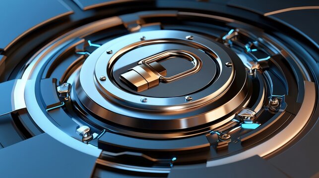 A shiny golden padlock is centered on an intricate circular metallic mechanism symbolizing security and protection of digital data and information technology. - Powered by Adobe