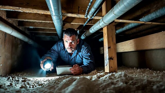 Hardworking Technician Inspecting Pipes in Dimly Lit Crawlspace