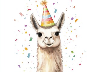 Watercolor cartoon llama with party hat and confetti around, festive vibe, white background