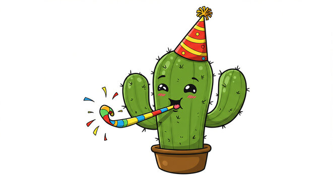 Party Cactus: A cheerful cartoon cactus wearing a party hat and blowing a party horn. This fun illustration is perfect for birthday cards, invitations, or any celebratory occasion.