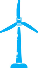 Blue wind turbine vector icon representing clean energy solution. Modern illustration of 3 blade windmill device used for renewable electricity production. Isolated on transparent background.
