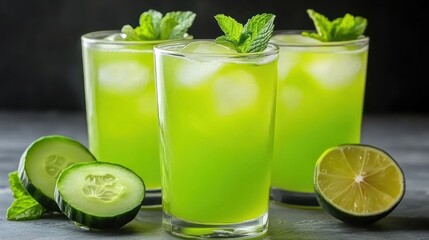 Refreshing cucumber drinks with ice and mint garnish.