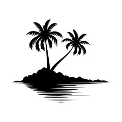 Tropical island silhouette with palm trees at sunset 