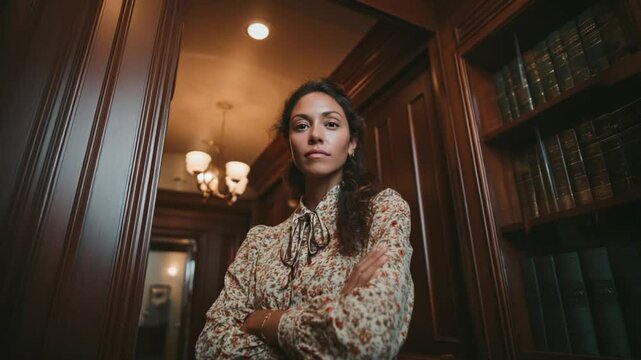 Confident Professional Standing: A woman in a floral top confidently poses in a classic library. Her assertive stance, against the backdrop of meticulously crafted bookshelves and vintage decor.