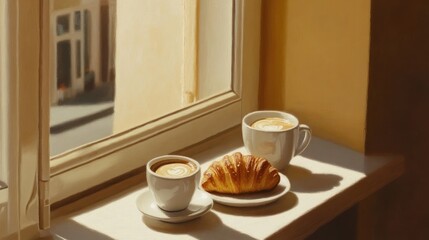 Obraz premium Two cups of coffee and a croissant on a windowsill, sunlight streams in