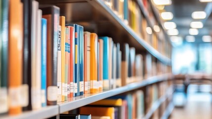 Books lined up on metal library shelves