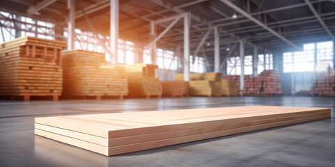Close up of wooden planks on a warehouse floor, featuring stacks of lumber and timber, highlighting the woodworking industry