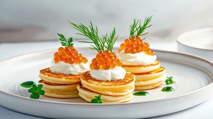 Three savory stacks of delicate blinis are beautifully adorned with creamy toppings, vibrant orange caviar, and sprigs of dill on a white plate presentation.