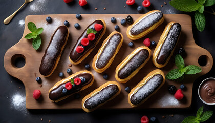  Glossy chocolate éclair with smooth dark chocolate glaze, filled with creamy vanilla custard