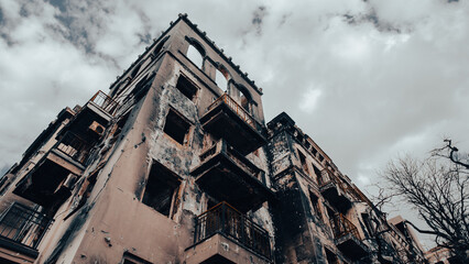 ruined street and destroyed houses the city war in Ukraine