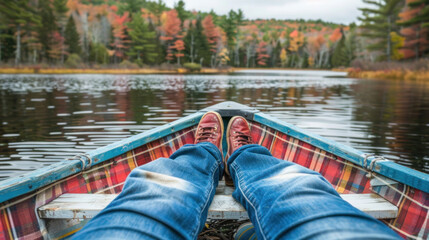 Fototapeta premium Autumn Reflection Over Calm Waters in a Canoe Surrounded by Colorful Fall Foliage in a Tranquil Forest Setting