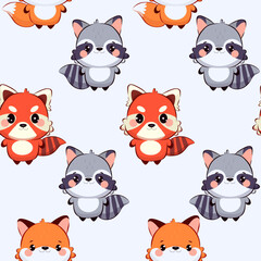 Seamless drawing of red panda, fox, raccoon in chibi kawaii style. Cute cartoon mascot with fluffy tail. Perfect for children's drawings, stickers, nursery decor, prints and educational materials