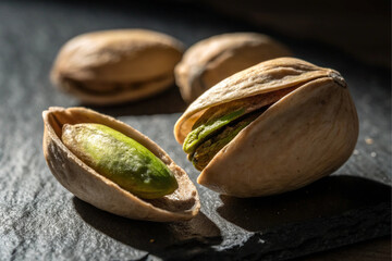 pistachio nuts on black background