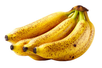 Bunch of ripe bananas, displaying a speckled pattern of brown spots on a yellow background.