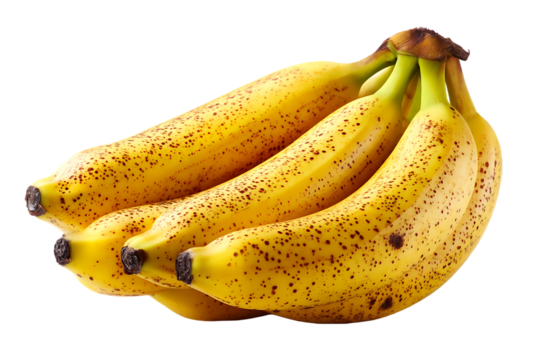 Bunch of ripe bananas, displaying a speckled pattern of brown spots on a yellow background.