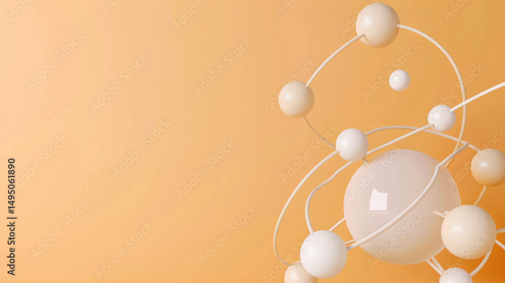 Poster illustration of atomic structure with spheres and lines on a soft orange background for science and 
