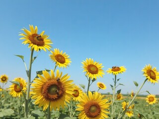 Fototapeta premium A field of sunflowers in full bloom under a clear blue sky with bees pollinating the bright yellow flowers