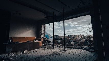 ruined street and destroyed houses the city war in Ukraine
